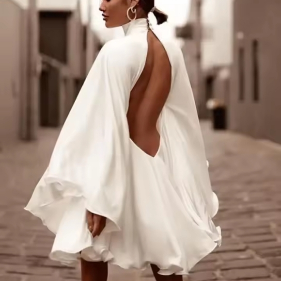 Dresses & Skirts - Women's White Turtleneck Long Ruffled SleevesBackless Dress 2025 Summer Spring